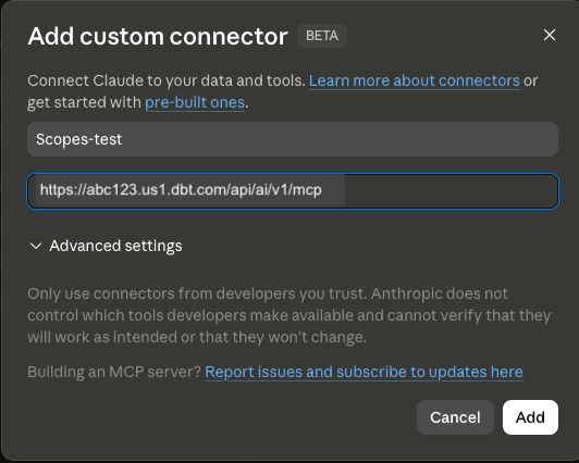 Custom connector dialog showing the dbt MCP URL