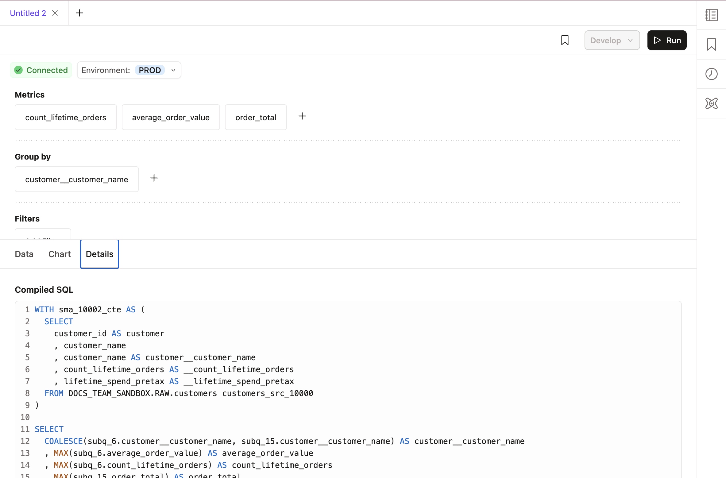 The generated SQL code in the Details tab