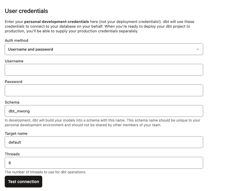 Configure user credentials in your profile