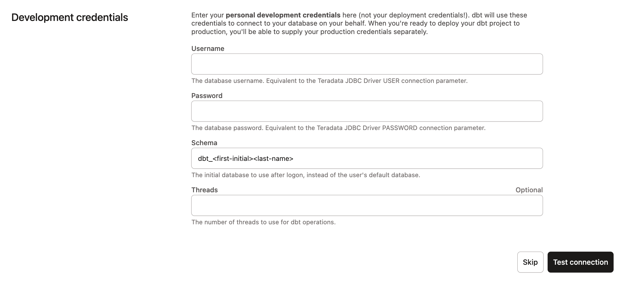 dbt - Teradata User credentials